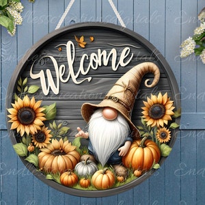 FALL SONNENBLUME GNOME Tür Schild, Kranz Schild, rundes Schneidebrett, für Sublimation hohe Auflösung 2 Dateien zum Download 1 fügen Sie Ihren eigenen Text hinzu