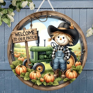 HERBST VOGELSCHEUCHE TRAKTOR Türhänger, Kranzschild, Schneidebrett png, Sublimation hochauflösende 2 Dateien zum Download, 1 fügen Sie Ihren eigenen Text hinzu