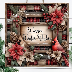 Accroche-porte WINTER CARDINALS SQUARE, couronne, planche à découper carrée png, pour sublimation, 2 fichiers à télécharger, 1 ajoutez votre propre texte