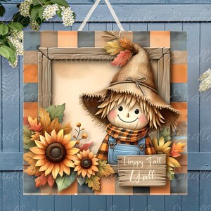 HERBST VOGELscheuche TÜR Aufhänger, Kranzschild, quadratisches Schneidebrett png, für Sublimation mit hoher Auflösung 2 Dateien zum Download, 1 fügen Sie Ihren eigenen Text hinzu