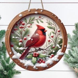 WINTER CARDINAL Door hanger, wreath sign, round cutting board ornament, resize, sublimation high resolution 1 file for download