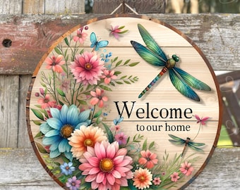 Dragonfly Welcome Sign PNG, Floral Wreath Design (Digital Download)