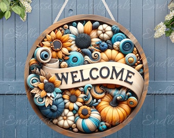 FALL WELCOME DOOR  hanger, wreath sign, round cutting board, for sublimation high resolution