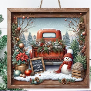 Accroche-porte carré WINTER RED TRUCK, couronne, planche à découper carrée png, pour sublimation haute résolution, 1 ajoutez votre propre texte