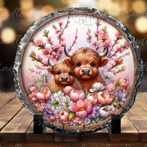 SPRING FLORAL HIGHLAND Wreath Sign door hanger wind spinners, slate for sublimation high resolution 2 files for download 1 add your own text