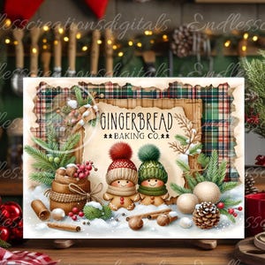 May include: A digital illustration of a gingerbread baking company sign with two gingerbread people wearing hats and holding a cookie. The sign is surrounded by plaid fabric, cinnamon sticks, and other wintery decorations.