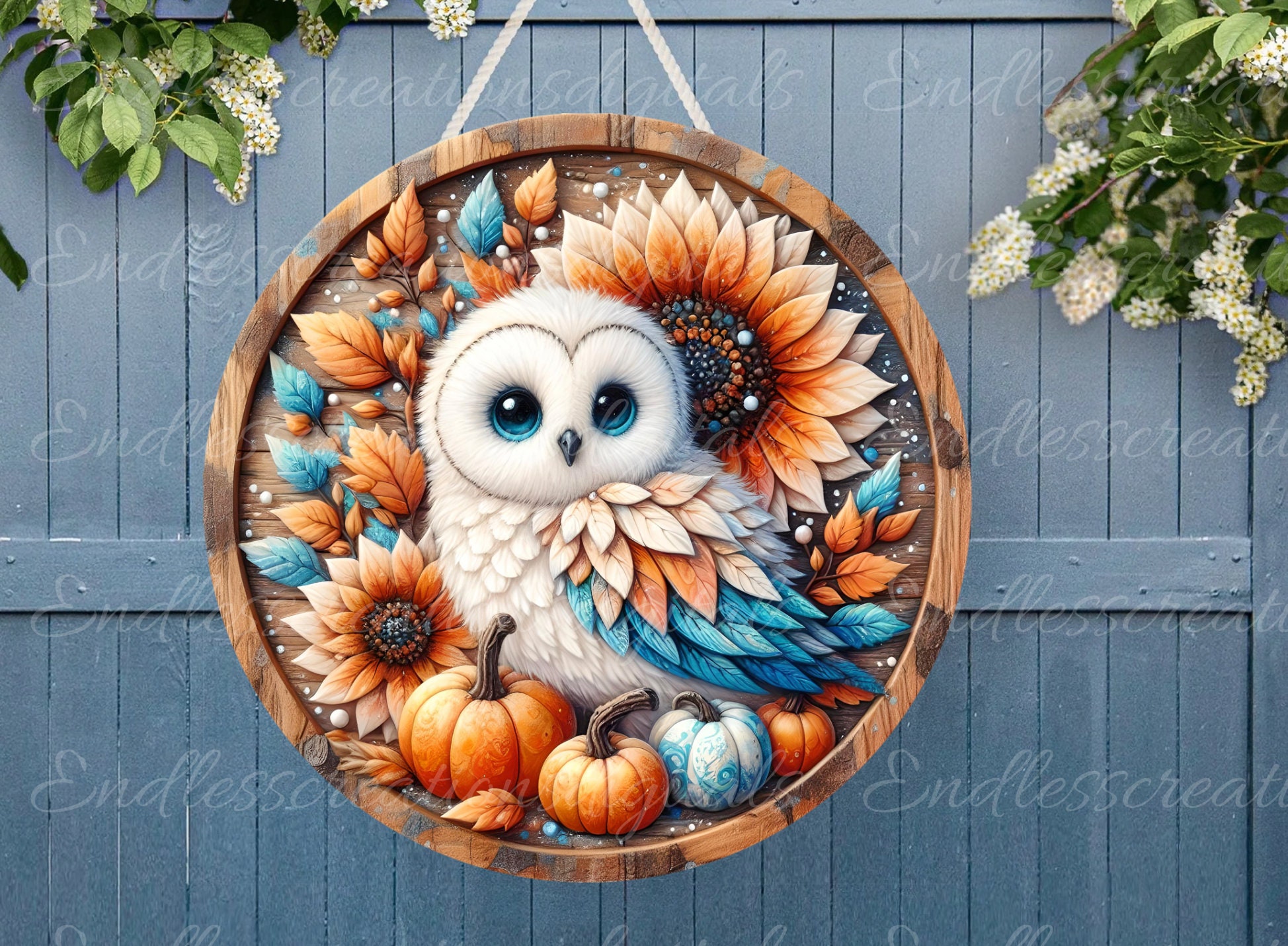 FALL OWL ROUND door hanger, wreath sign, round cutting board, coasters etc. sublimation high resolut
