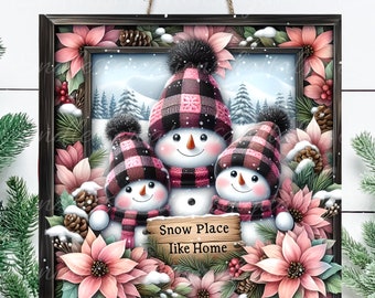SNOWMAN FAMILY SQUARE door hanger, wreath sign, coasters, for sublimation high resolution 2 files for download 1 add your own text