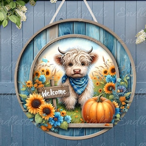 FALL HIGHLAND COW Türschild, Kranzschild, rundes Schneidebrett, für Sublimationsdruck mit hoher Auflösung 2 Dateien zum Herunterladen, 1 fügen Sie Ihren eigenen Text hinzu