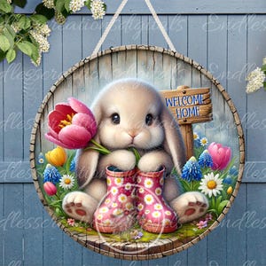 Signe de couronne de fleurs printanières LOP BUNNY de Pâques, accroche-porte, ardoise pour sublimation haute résolution 2 fichiers à télécharger 1 ajoutez votre propre texte