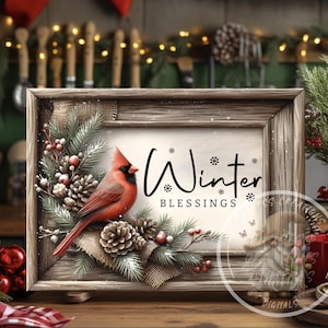 May include: A framed winter-themed print with a red cardinal perched on a pine branch. The print features a rustic wooden frame and the text "Winter Blessings".