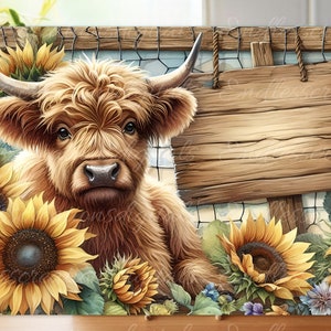 Può includere: Una mucca Highland con il pelo marrone e il naso bianco spunta da dietro un cartello di legno con una finitura rustica. Il cartello è appeso a una recinzione di filo spinato con girasoli in primo piano.