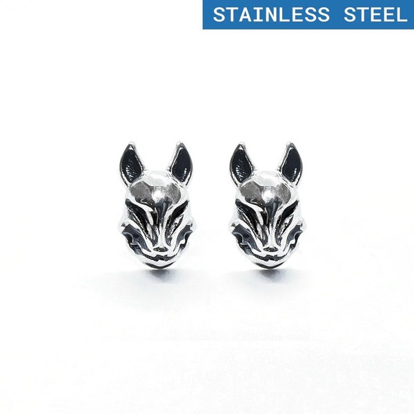 Kitsune Mask Earrings Pair Stainless Steel Fox Japanese Anime Folklore Mythology Spirit