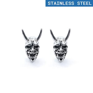 Oni Mask Earrings Pair Stainless Steel Noh Japanese Anime Folklore Mythology Spirit Yokai