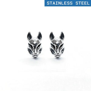 Small Kitsune Mask Earrings Pair Stainless Steel Fox Japanese Folklore Mythology
