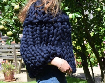 Midnight Blue Chunky Knit Poncho - Bolero - Merino Wool Poncho - Giant Knit Cover Up - Handmade Poncho
