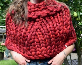 Limited Edition Passion Red Chunky Knit Poncho - Merino Wool Poncho - Bolero - Giant Knit Cover Up - Handmade Poncho