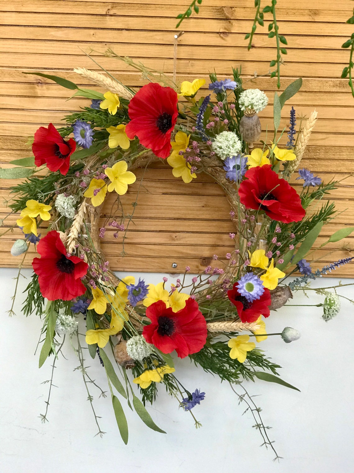 Artificial Wild Flower Wreath Red Poppy Blue Daisy white Etsy