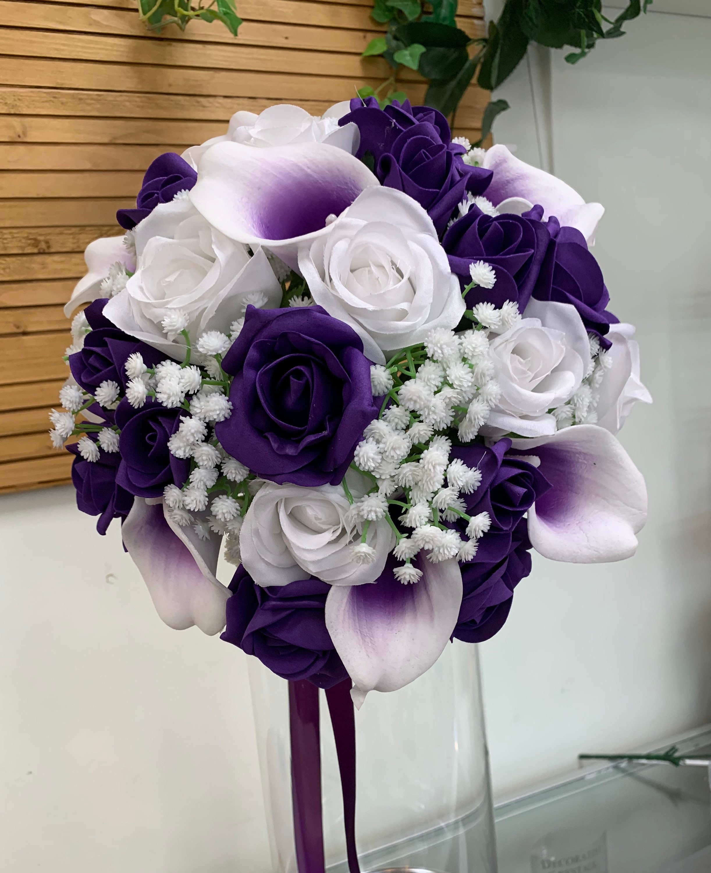 Purple White Rose Calla Lily Bridal Wedding Bouquet & Boutonniere 