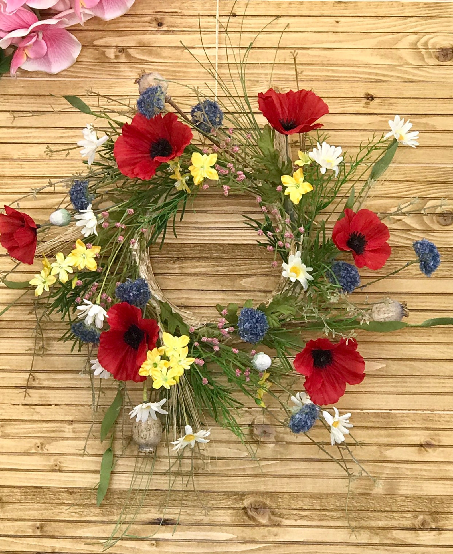 Artificial Wild Flower Wreath Red Poppy English Heath Blue Etsy