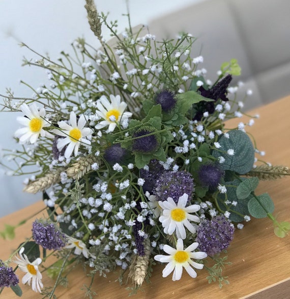 Artificial Wedding Bouquet, Bride, Bridal, Baby Breath, English Heath  Cornflower, Daisy, Purple Thistle, Eucalyptus, Wild Purple Grass,