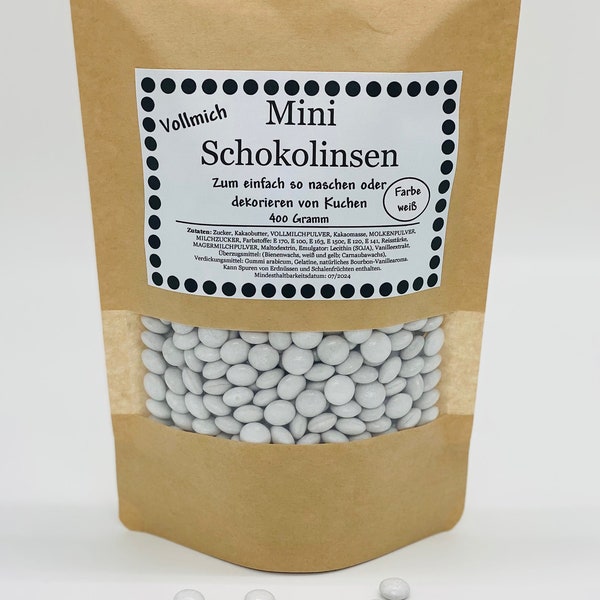 Mini Schokolinsen/ Schokolinsen weiß/ einfarbig/ 400 Gramm/ plastikfreie Verpackung