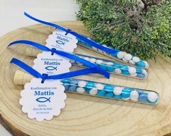 Guest gifts test tube, 10x, baptism, communion, confirmation, youth consecration, confirmation, blessing celebration, fish, dove, place card with desired print