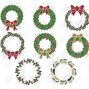 May include: Set of nine Christmas wreath SVG cut files. The wreaths are in various styles, including a simple wreath with a bow, a wreath with berries, and a wreath with a more intricate design. The wreaths are all in shades of green and red.