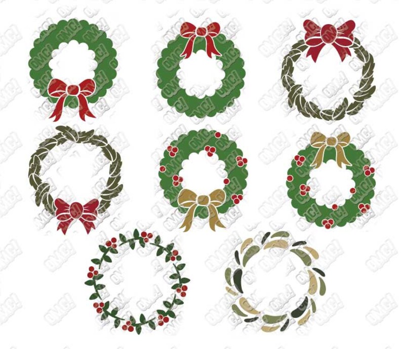 May include: Set of nine Christmas wreath SVG cut files. The wreaths are in various styles, including a simple wreath with a bow, a wreath with berries, and a wreath with a more intricate design. The wreaths are all in shades of green and red.
