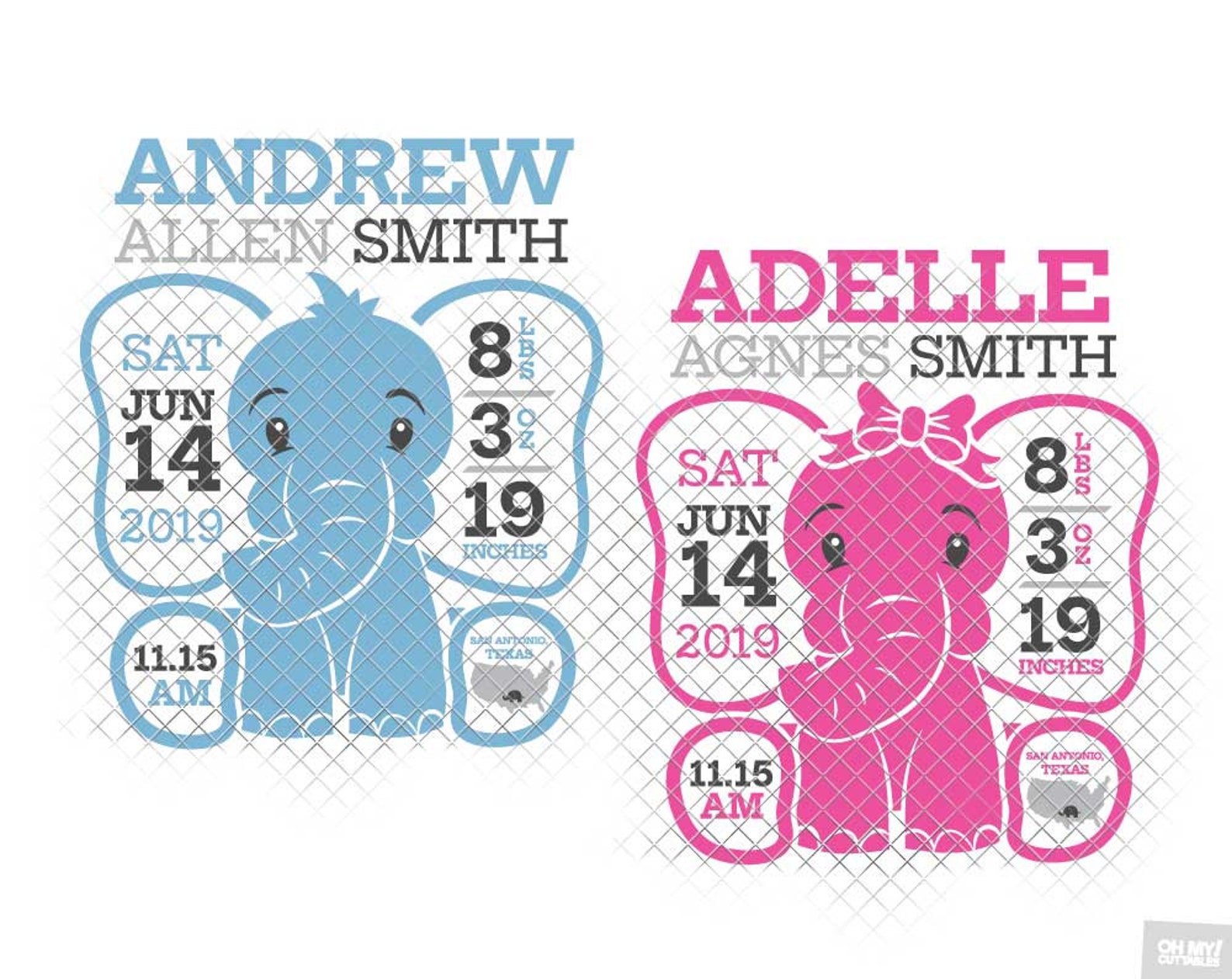 Download Elephant Birth Announcement SVG Template Ear Birth Stats ...