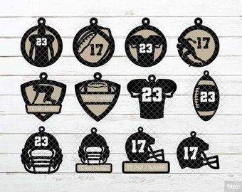 May include: Set of 12 black and white football-themed SVG cut files for crafting. The designs include football players, helmets, jerseys, and footballs with the text "TEAM NAME" and numbers 17 and 23.