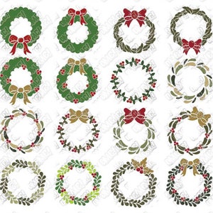 May include: Set of 16 digital Christmas wreath designs in various styles. The wreaths are decorated with red and gold bows, berries, and greenery.