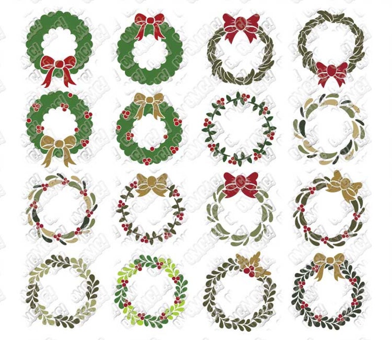 May include: Set of 16 digital Christmas wreath designs in various styles. The wreaths are decorated with red and gold bows, berries, and greenery.
