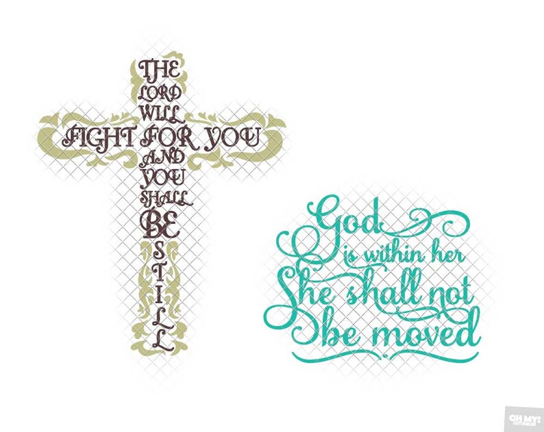 May include: A teal green cross with the text "God is within her, She shall not be moved" and a brown cross with the text "The Lord will fight for you and you shall be still".