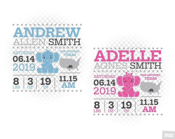 Download Elephant Birth Announcement Svg Template Ear Birth Stats Baby Etsy