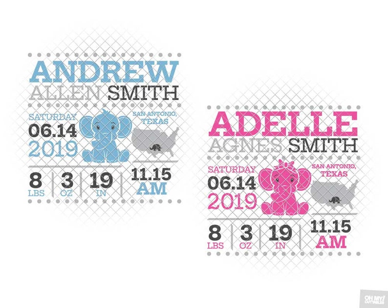 Download Elephant Birth Announcement SVG Template Ear Birth Stats ...