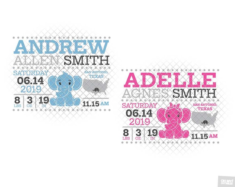 Download Elephant Birth Announcement SVG Template Ear Birth Stats ...