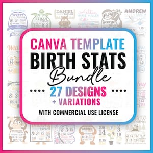 Bundle de modèles de faire-part de naissance modifiables, modèle de statistiques de naissance personnalisé, nouveau-né, modèle souvenir, petite fille, bébé garçon