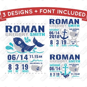 Anuncio de nacimiento del bebé náutico SVG Boy Stats Whale Anchor svg dxf eps template cricut silhouette cut files