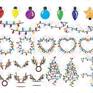 May include: A collection of colorful Christmas light illustrations. The image includes individual bulbs in various colors, strings of lights, and light arrangements in the shapes of circles, hearts, antlers, and Christmas trees. A yellow star-shaped light is also included.
