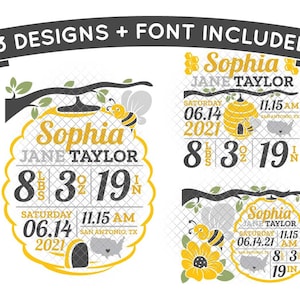 Bee Birth Stats Anuncio SVG Template dxf eps formato archivos de corte en capas clipart troquel cortado vinilo cricut silueta