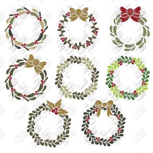 May include: Set of nine Christmas wreaths with different designs. Some wreaths have red bows, while others have gold bows. All wreaths are decorated with green leaves and red berries.