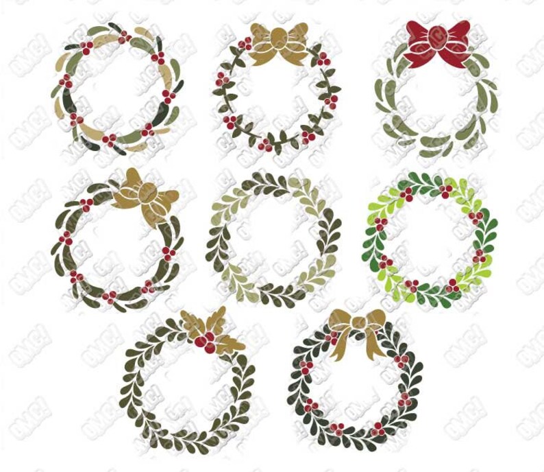 May include: Set of nine Christmas wreaths with different designs. Some wreaths have red bows, while others have gold bows. All wreaths are decorated with green leaves and red berries.