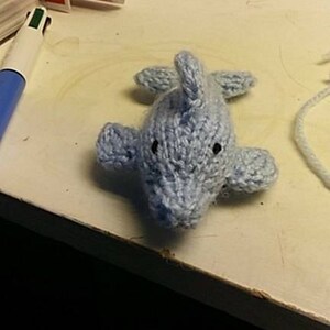 May include: A light blue knitted dolphin toy with black eyes.