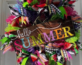 Corona de malla decorativa "Hello Summer" de sandía