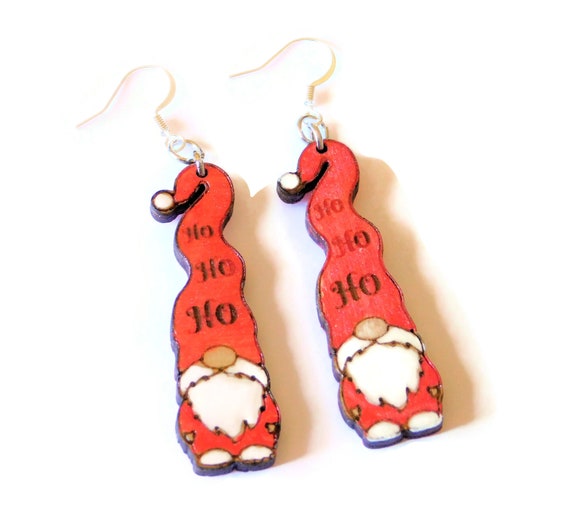 Gnome Christmas Wooden Dangle Novelty Earrings, Lightweight