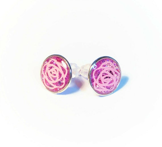Rose Petal Earrings, Hypoallergenic Earrings for Her, Plastic Earrings for  Sensitive Ears, Holographic Glitter Pink Rose Stud Earrings 