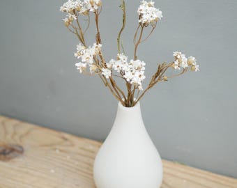 May include: A small, smooth, white ceramic vase with a teardrop shape containing a cluster of delicate, dried white flowers with thin, light brown stems. The vase has a narrow neck and a rounded base, providing a clean and simple aesthetic.