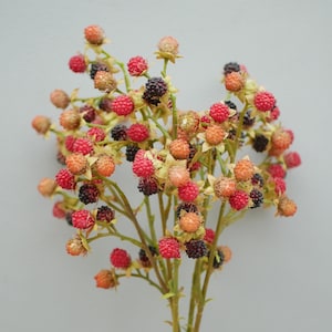 Op de afbeelding: Een close-up van een boeket kunstmatige bessen in verschillende kleuren. De bessen variëren van rood tot oranje en zwart, met groene stelen en kleine gele bloemen. De achtergrond is effen lichtgrijs.