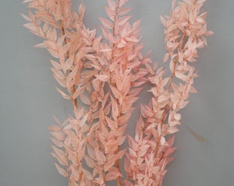 May include: Pale pink artificial plant stems with delicate, leaf-like structures. The stems are a light brown color, and the leaves have a soft, translucent appearance. The plant is set against a gray background, creating a subtle contrast.